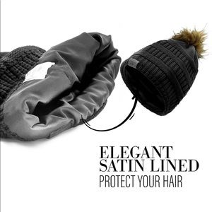 NWT Satin-Lined, black knit, slouchy beanie with detachable Pom-Pom